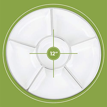 6 Sectional Round Plastic Serving Tray/Platters White W Silver Rim 4 Pack - color: White & Silver