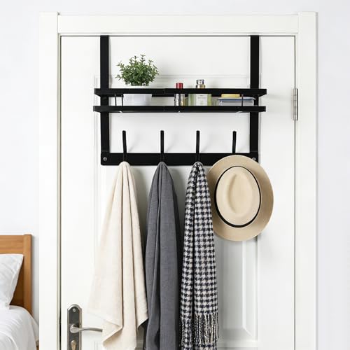 Over The Door Hooks Organizer,Coat Rack Over Door Storage Hanger | Back of Door Hanger Towel Rack with Basket for Kitchen,Bathroom,Bedroom,Black
