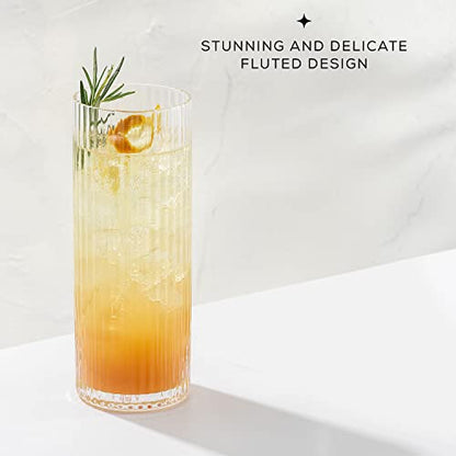 JoyJolt Elle 16oz Fluted Highball Glasses Set of 2, Ribbed Tall Cocktail Tumblers for Gin Juice Water, Vintage Style Drinking Glasses - style: Highball Glasses