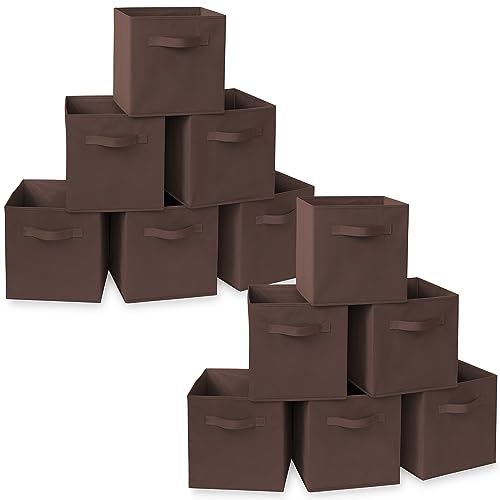 Casafield Set of 12 Collapsible Fabric Cube Storage Bins, Brown - 11" Foldable Cloth Baskets for Shelves, Cubby Organizers & More - color: Brown, size: 10.5" x 10.5" x 11"