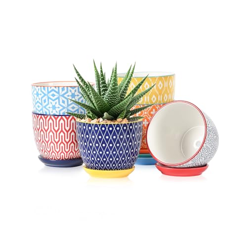 Selamica Ceramic Succulent Pots, 4.6 Inch Small Plant Pots with Drainage Holes & Saucers, Succulent Planters for Indoor Plants Cactus, Home Decor, Set of 6, Assorted Colors - color: Assorted Colors, size: 4.6 Inch, Set of 6