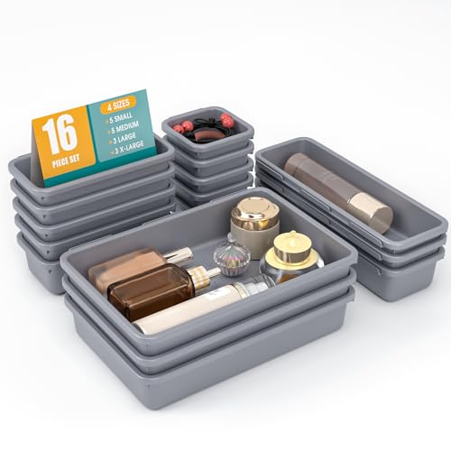 16 PCS Drawer Organizer Set, 4 Size Makeup Drawer Divider Organizer With Non-Slip Pads, Interlocking Plastic Storage Bins for Office,Jewelry Vanity,Gadgets, Bathroom,Kitchen, Grey - color: Grey, size: 16Pack