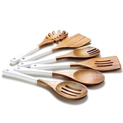 Wooden Spoons For Cooking, 6 Pieces Natural Acacia Wooden Cooking Utensils or Non-Stick Wood Kitchen Utensil Set for Kitchen Essentials, Wooden Cooking Utensils Set with Hanging Hole, White - color: White