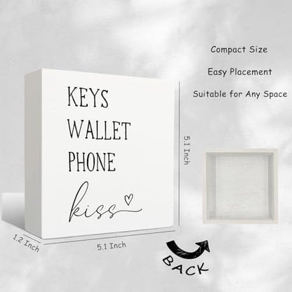 Entryway Wooden Box Sign - Keys Wallet Phone Kiss Wood Box Sign Desk Decor, Entry Way Decor, Entry Way Table Home Decor, 5 X 5 Inches
