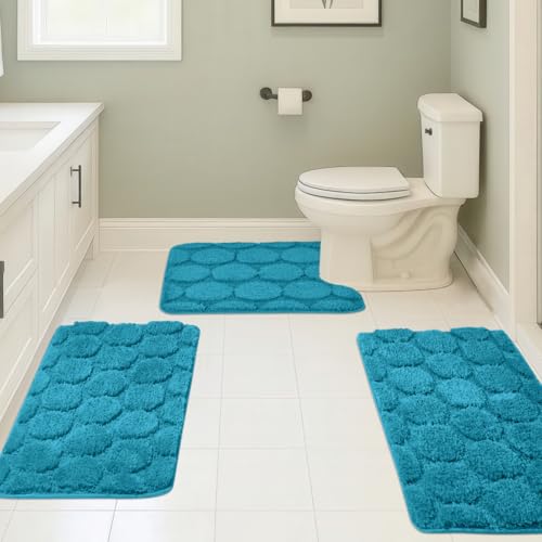 Bath Rugs Set 3 Pieces Bathroom Mat Soft Absorbent Plush Shaggy Soft Floor Non Slip Shower Bath Tub Machine Washable - color: Teal-round, size: 20"x32"/20"x20"/17"x24"