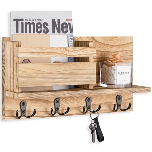 Key and Mail Holder for Wall Decorative - Rustic Mail Organizer Wall Mount, Wooden Letter Sorter Organizer with 4 Key Rack Hooks for Hallway Kitchen Farmhouse Decor (16.5” x 9.1” x 3.4”) (Brown) - color: Wood