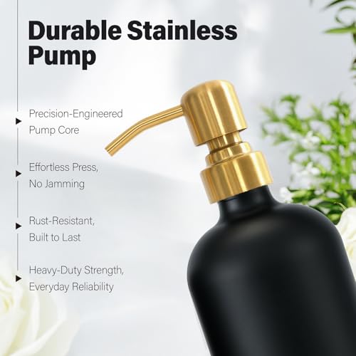 Prus Waso Black Soap Dispenser for Kitchen Sink, Gold & Black | Hand and Dish Soap Dispenser with Stainless Steel Pump, Perfect for Gold Kitchen Accessories - color: Hd Gold Pump & Black Bottle