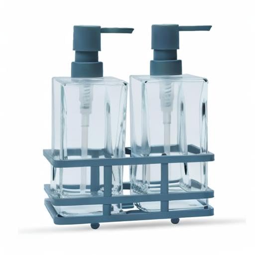 Square 3 Piece Glass Clear Lotion and Soap Pump Dispenser Set with Metal Stand Caddy for Bathroom Bath Kitchen Home Office Travel Hotel Hand Crafted Heavy Weight Spa Blue - color: Spa Blue