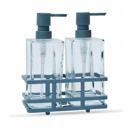Square 3 Piece Glass Clear Lotion and Soap Pump Dispenser Set with Metal Stand Caddy for Bathroom Bath Kitchen Home Office Travel Hotel Hand Crafted Heavy Weight Spa Blue - color: Spa Blue