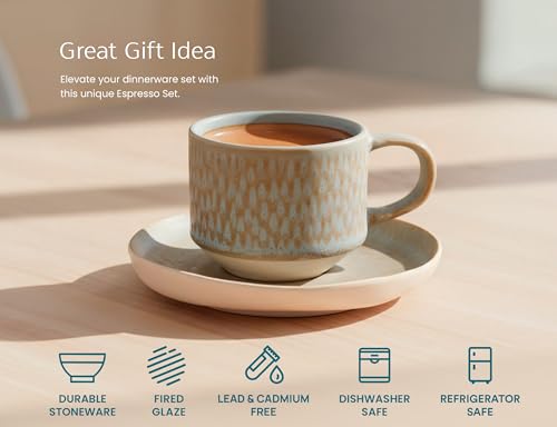 KooK Espresso Mug and Saucer Set, Ceramic Cups and Plates with Rustic Organic Shape and Feathered Texture, Dishwasher and Microwave Safe, Set of 4, Neutral Multicolor (5.5 Oz) - size: 5.5 Oz