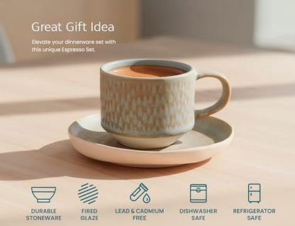 KooK Espresso Mug and Saucer Set, Ceramic Cups and Plates with Rustic Organic Shape and Feathered Texture, Dishwasher and Microwave Safe, Set of 4, Neutral Multicolor (5.5 Oz) - size: 5.5 Oz