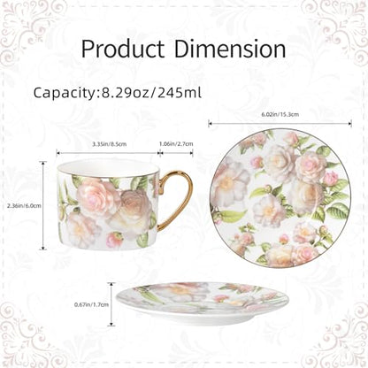 KAMMAK Tea Cups and Saucers Set of 2, Porcelain Coffee Cups, JBE027 | Stackable Espresso Mugs, Ceramic Demitasse for Coffee, Cappuccino, Latte, Americano, Tea - size: 8CZJBE027