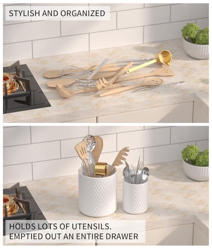 Ceramic Utensil Caddy, Cooking Utensil Holder for Kitchen Counter | 6.8 inch Large Spatula Holder, Farmhouse Kitchen Decor for Silverware Spoon Crocks 2PCK