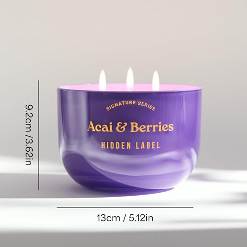 Hidden Label Acai Berries Candle, 18oz Soy 3-Wick, 70H Aromatherapy | Purple Gradient Decor | Triple Cotton Even Melt | Non Toxic Plant Wax | Mood Boost Energy | Gift Ready Gold Lid - color: Acai & Berries