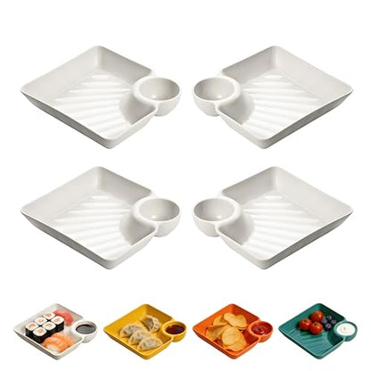 4 Pcs Chips and Salsa Serving Dish Plates, Veggie Platter Dipping Serving Trays with Sauce Rack for Buffet, Family Party, Appetizer, Sushi, Taco, Salsa, Charcuterie, Barbecue Plate. Reusable (White) - color: White