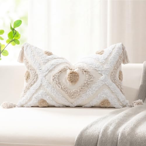 NUYECY Modern Long Lumbar Throw Pillow Cover 14 x 26,Cotton and Linen Tufted Decorative Boho Long Lumbar Pillow Case for Couch Sofa Bed Farmhouse Chair Outdoor,Khaki&Beige&White - color: Khaki, size: 26" x 14" (Pack of 1)