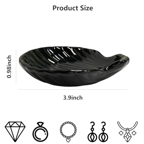 Shell Shape Ring Holder Dish, Seashell Jewelry Dish Tray, Ceramic Trinket Tray for Rings Earrings Necklaces Bracelet, Birthday Mother's Day Christmas Gift for Mom Friend Sister, 3.9", Black - color: Black