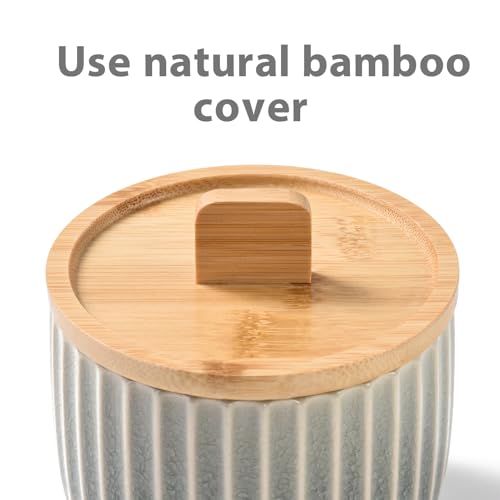 Salt Cellar Keeper with Bamboo Lid, 14oz Big Capacity Ceramic Sugar Bowls Pepper Box, Crackle Glaze Seasoning Container Condiment Pot for Kitchen (Grey Color) - color: Gray