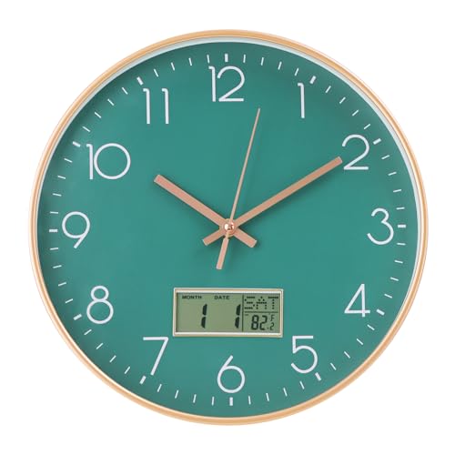 Wall Clock with LCD Display Non-Ticking Silent Quartz Movement Decor Clock with Perpetual Calendar and Temperature Modern Style Round Wall Clocks for Office/Living Room/Bedroom(Green, 12inch) - color: Green