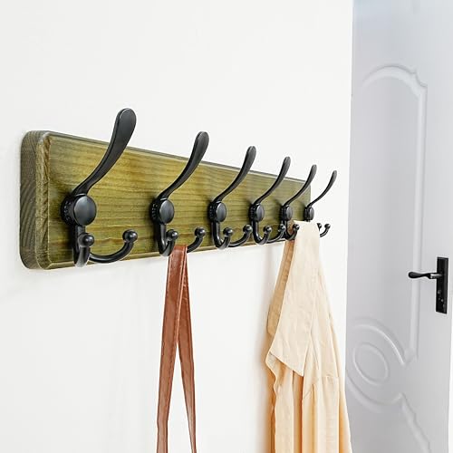 Coat Rack Wall Mounted - 24" Long 6 Tri Hooks, Heavy Duty Wooden Wall Coat Hanger Coat Hook for Clothes Hat Jacket Clothing, Weathered Green and Black - color: Weathered Green & Black, size: L=24"