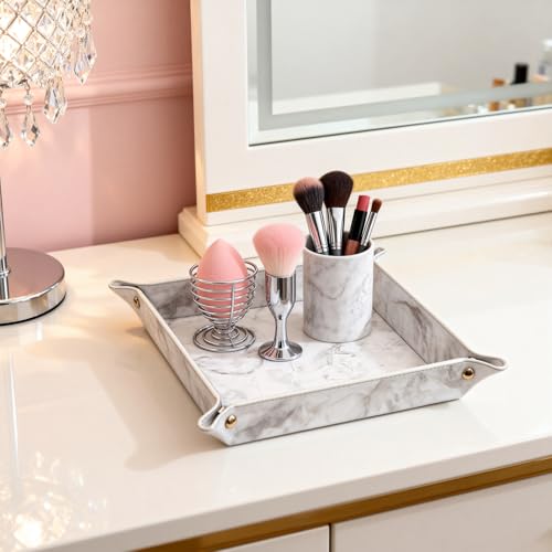 Valet Tray Desktop Storage Organizer – Vegan Leather Catchall Bedside Vanity Tray Nightstand Caddy Holder for Remote Controller, Watch, Keys, Phone, Wallet, Coin, Jewelry, Marble White - color: Marble White