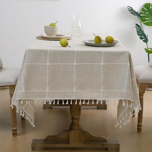 Softalker Outdoor Linen Tablecloth Square, Waterproof Cotton Boho Farmhouse Table Cloths with Tassel, Heavy Weight Wrinkle Free Table Cover for Picnic Camping Dining - 55 x 55 Inch, Coffee Plaid - color: Coffee Plaids, size: 55" x 55" (Square)
