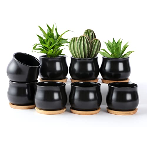 SHECIPIN 8 Pack Succulent Plant Pot, Matte Black Mini 2.6 inch Ceramic Flower Planter Pot with Bamboo Tray, Small Pots for Plants, Plants Not Included - color: Black