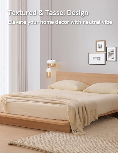 YnM Basketweave Knit Throw, Solid Neutral Vibe Textured Blanket with Tassel for Home Decor, 50 x 60 in, Cream