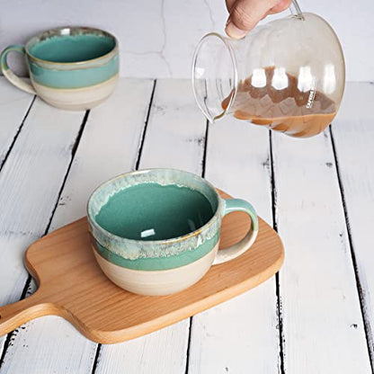 Ceramic Jumbo Coffee Mug Set of 2, 23 Oz, Large Mug Soup Bowls with Handles, Dishwasher and Microwave Safe (Green) - color: Green