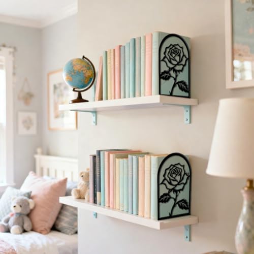 5.3"x4.3"x7.9" Metal Bookends, Heavy Duty Book Ends for Shelves | Rose Flower Theme Cast Iron Book Supports, 1 Pair Decor Stoppers for Desk, Library, Office & Home Shelves - style: Rose Flower