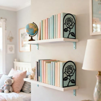 5.3"x4.3"x7.9" Metal Bookends, Heavy Duty Book Ends for Shelves | Rose Flower Theme Cast Iron Book Supports, 1 Pair Decor Stoppers for Desk, Library, Office & Home Shelves - style: Rose Flower