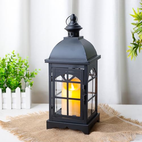 TRIROCKS Decorative Vintage Candle Lanterns 14.5" H Farmhouse Outdoor Hanging Lanterns with Tempered Glass for Porch, Balcony, Patio, Home, Centerpieces, Indoor, Outdoor(Black) - color: 14.5"h Black