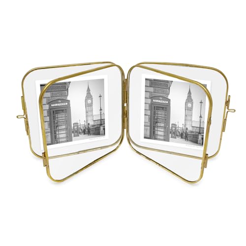 Isaac Jacobs 4x4 Gold Double-Sided Metal Floating Photo Frame w/ClaspLock | Double-Sided Round-Edged Brass & Glass Metal Floating Picture Frame Locket Closure, Tabletop (4x4, Antique Gold) - color: Antique Gold, size: 4x4