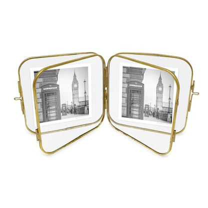 Isaac Jacobs 4x4 Gold Double-Sided Metal Floating Photo Frame w/ClaspLock | Double-Sided Round-Edged Brass & Glass Metal Floating Picture Frame Locket Closure, Tabletop (4x4, Antique Gold) - color: Antique Gold, size: 4x4