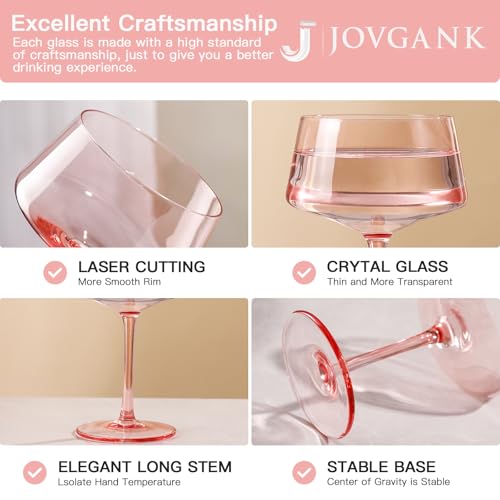 JOVGANK Pink Martini Glasses Set of 6 – 13oz Lead-Free Crystal Glass, Hand-Blown Classic Champagne & Cocktail Luxury Cups, Elegant Glassware for Party Home Bar Wedding Gift for Ice Cream Dessert - color: Classic-Pink