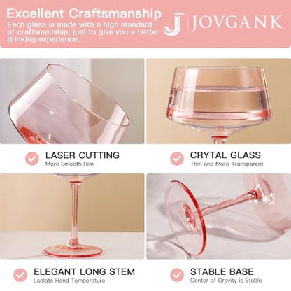 JOVGANK Pink Martini Glasses Set of 6 – 13oz Lead-Free Crystal Glass, Hand-Blown Classic Champagne & Cocktail Luxury Cups, Elegant Glassware for Party Home Bar Wedding Gift for Ice Cream Dessert - color: Classic-Pink