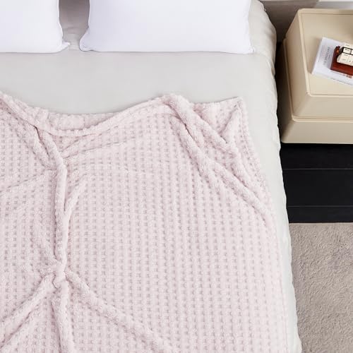 Soft Cozy Fuzzy Fleece Queen Size Blanket, Waffle Light Pink, 90x90 Inches – Lightweight, Fluffy, and Warm 3D Jacquard All-Season Blanket for Bed, Couch, Sofa, Camping, and Travel - color: Waffle Light Pink, size: Queen (90" x 90")
