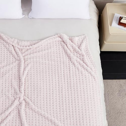 Soft Cozy Fuzzy Fleece Queen Size Blanket, Waffle Light Pink, 90x90 Inches – Lightweight, Fluffy, and Warm 3D Jacquard All-Season Blanket for Bed, Couch, Sofa, Camping, and Travel - color: Waffle Light Pink, size: Queen (90" x 90")