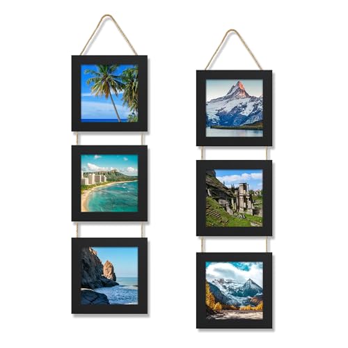 6x6 Collage Picture Frames Set of 2, Rustic Wooden Real Glass Vertical Hanging 3 Opening 6 by 6 Photo Frame, Black - color: Black, size: Vertical-6x6 in