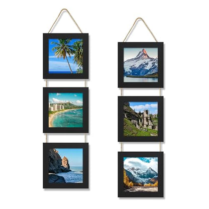 6x6 Collage Picture Frames Set of 2, Rustic Wooden Real Glass Vertical Hanging 3 Opening 6 by 6 Photo Frame, Black - color: Black, size: Vertical-6x6 in