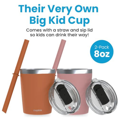 CUPKIN Steel Cup, The Original 8 oz Stackable Stainless Steel Silicone Straw Cup, Set of 2 Powder Coated Insulated Toddler Cups & BPA Free Lids + Food Grade Reusable Silicone Straws (Rust + Salmon) - color: Rust + Salmon, size: 8 Fl Oz (Pack of 2)