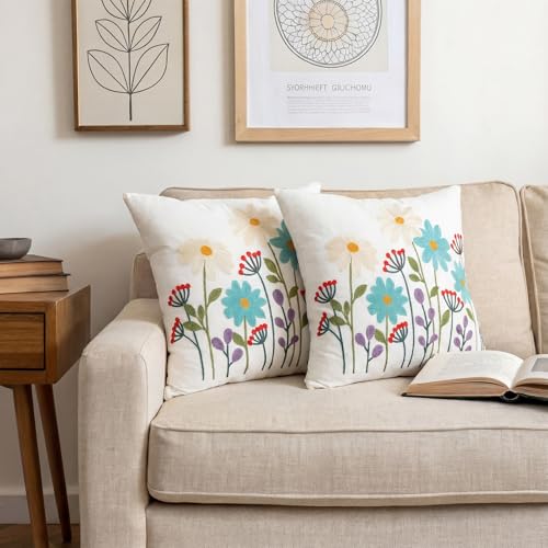 Hahafelt 2Pcs Spring Floral Embroidered Decorative Throw Pillow Covers 18"x 18" Daisy Flower Pillow Covers with Zipper Farmhouse Cushion Cases for Bed Couch Sofa Living Room Bedroom Decor Gift - style: Daisy