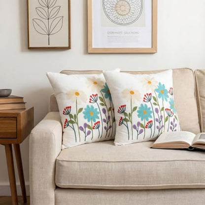 Hahafelt 2Pcs Spring Floral Embroidered Decorative Throw Pillow Covers 18"x 18" Daisy Flower Pillow Covers with Zipper Farmhouse Cushion Cases for Bed Couch Sofa Living Room Bedroom Decor Gift - style: Daisy