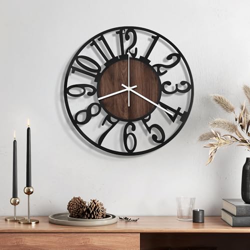 Maxstar 12" Silent Wall Clock – Battery Operated, Rustic Metal & Wood | Non-Ticking Quartz Movement,Round Small Clocks for Living Room, Bedroom, Office, Kitchen or Farmhouse Decor (Brown-Wood) - color: Brown, size: 12 Inch