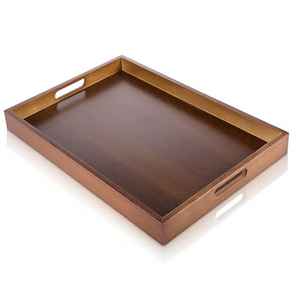 17.3 Inch Acacia Wood Serving Tray with Handles | Decorative Rectangular Tray Large Wooden Ottoman Tray for Breakfast in Bed Dinner Coffee Table Entryway Kitchen