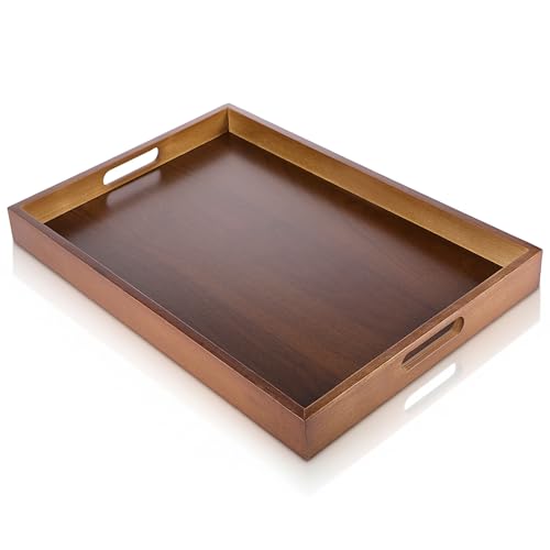 17.3 Inch Acacia Wood Serving Tray with Handles | Decorative Rectangular Tray Large Wooden Ottoman Tray for Breakfast in Bed Dinner Coffee Table Entryway Kitchen