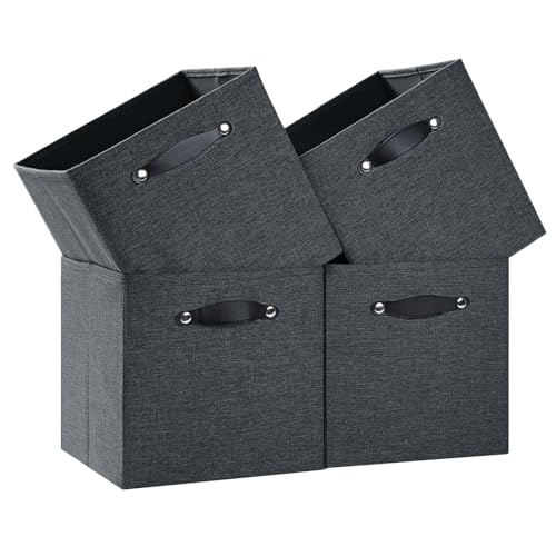 Cube Storage Bins | 13"x15"x13", Graphite Gray, 4 Pack | Multi-Size | 2X Thick Support Board | Vegan Leather Handles | 7.7 oz/yd² Fabric | Drawer Insert Basket Fits KALLAX - color: Graphite Gray, size: 13"x15"x13"