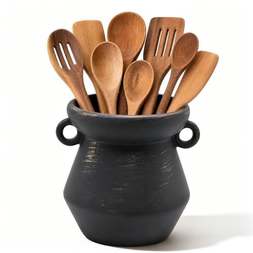 Rustic Kitchen Utensil Holder - 7.4 Inch Ceramic Vintage Farmhouse Cooking Utensil Holder for Countertop, Antique Home Decor Kitchen Countertop Organizer, Retor Kitchen Counter Decor