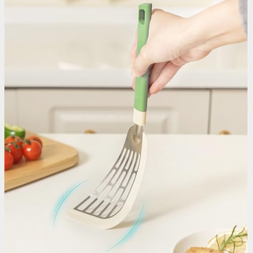 Butterfly Spatula Made of Silicone & Stainless Steel Flexible Curved Edge Slotted Turner for Non-Stick Cookware Egg Steak Pancake Flipper Green - color: Green, size: Set of 1