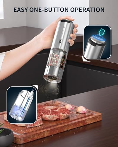 CIRCLE JOY Electric Pepper Grinder Stainless Steel Rechargeable Pepper Mill with Variable Grinding Speed, External Adjustable Coarseness, 95ml Container and White LED Light, Silver - color: 2-Speed Rechargeable